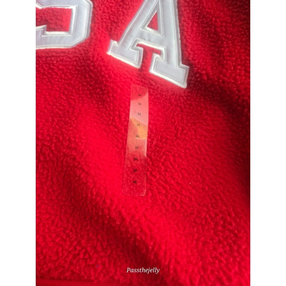 Polo Ralph Lauren Mens USA Fleece Pullover Medium Red Sherpa 1/4 Zip Sweatshirt